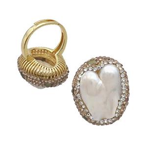 Pearl Ring Pave Rhinestone Adjustable Gold Plated, approx 20-25mm, 18mm dia