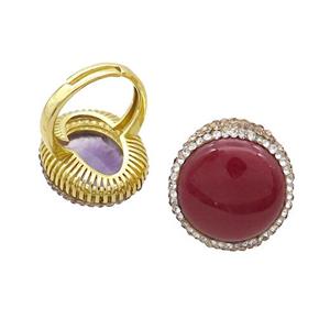 Red Agate Ring Pave Rhinestone Adjustable Gold Plated, approx 20-24mm, 18mm dia