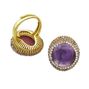 Amethyst Ring Pave Rhinestone Adjustable Gold Plated, approx 20-24mm, 18mm dia