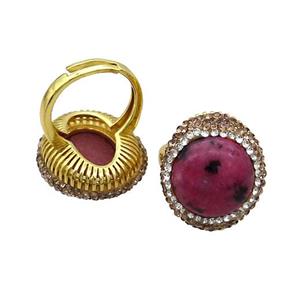 Rhodonite Ring Pave Rhinestone Adjustable Gold Plated, approx 20-24mm, 18mm dia