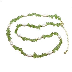 Green Peridot Necklace With Pearl, approx 3-6mm, 40-45cm length