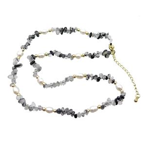 Black Rutilated Quartz Necklace With Pearl, approx 3-6mm, 40-45cm length