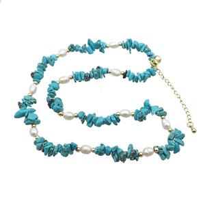 Blue Magnesite Turquoise Necklace With Pearl, approx 3-6mm, 40-45cm length