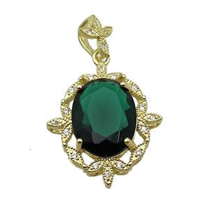 Copper Pendant Pave Darkgreen Crystal Glass Oval Gold Plated, approx 12-16mm, 21-24mm, 8-10mm