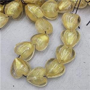 Lampwork Heart Beads With Gold Fossil, approx 28mm, 10pcs per st