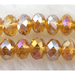 Chinese Crystal Beads, faceted rondelle, golden AB-color, 6mm dia, 100 pcs per st