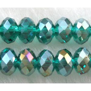 Chinese Glass Crystal Beads, faceted rondelle, peacock-blue AB-color, 6mm dia, 100 pcs per st
