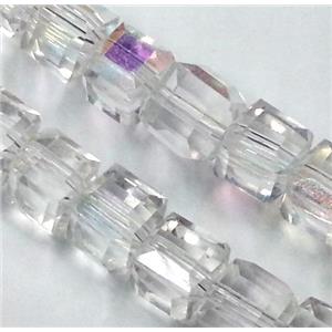 Chinese crystal glass bead, faceted cube, white AB color, approx 6x6x6mm, 100pcs per st