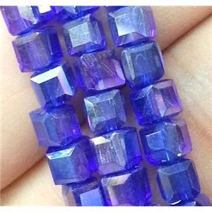 Chinese crystal glass bead, faceted cube, blue AB color, approx 4x4x4mm, 100pcs per st