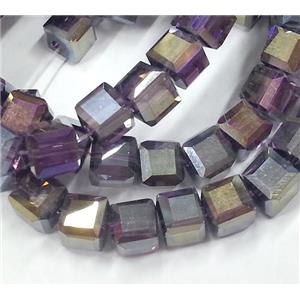 Chinese crystal glass bead, faceted cube, purple AB color, approx 6x6x6mm, 100pcs per st