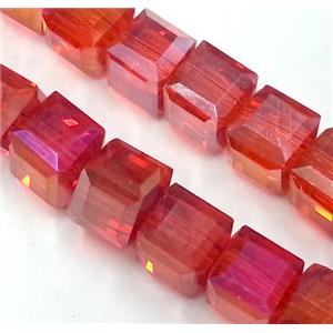 Chinese crystal glass bead, faceted cube, red AB color, approx 4x4x4mm, 100pcs per st