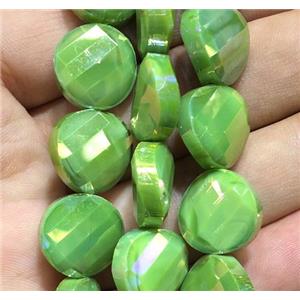 chinese crystal glass bead, faceted twist, green, approx 14mm dia, 44pcs per st