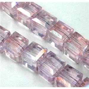 Chinese crystal glass bead, faceted cube, pink AB color, approx 4x4x4mm, 100pcs per st