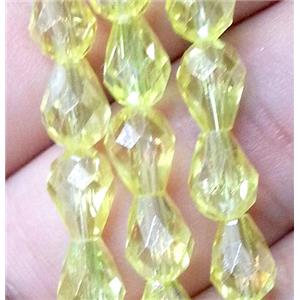 Chinese crystal glass bead, faceted teardrop, yellow ab color, approx 10x15mm, 50pcs per st