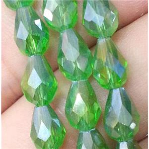 Chinese crystal glass bead, faceted teardrop, green AB color, approx 10x15mm, 50pcs per st