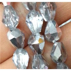Chinese crystal glass bead, faceted teardrop, half silver plated, approx 10x15mm, 50pcs per st