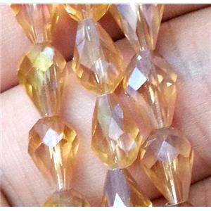 Chinese crystal glass bead, faceted teardrop, gold champagne AB color, approx 5x7mm, 72pcs per st