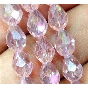 Chinese crystal glass bead, faceted teardrop, pink AB color, approx 5x7mm, 72pcs per st