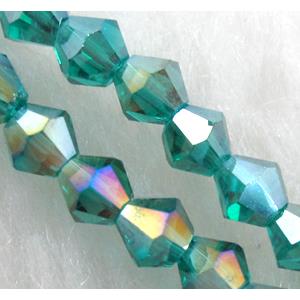 Chinese Crystal Beads, Faceted bicone, peacock green AB color, 4mm dia, 120pcs per st
