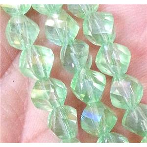 Chinese crystal glass bead, swiring cut, lt.green AB color, approx 6mm dia, 100pcs per st