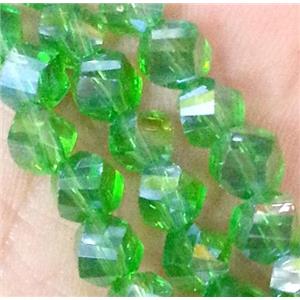 Chinese crystal glass bead, swiring cut, green, approx 6mm dia, 100pcs per st