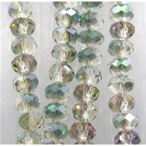 chinese crystal glass bead, faceted rondelle, half green electroplated, approx 2.5x3mm, 150 pcs per st