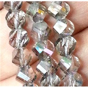 Chinese crystal glass bead, swiring cut, grey and half silver plated, approx 6mm dia, 100pcs per st