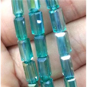 Chinese crystal glass bead, faceted cuboid, peacock AB color, approx 4x4x8mm, 50pcs per st