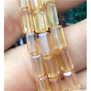 Chinese crystal glass bead, faceted cuboid, gold champagne AB color, approx 4x4x8mm, 50pcs per st