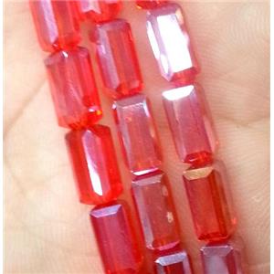 Chinese crystal glass bead, faceted cuboid, red AB color, approx 4x4x8mm, 50pcs per st