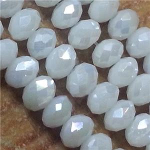 Chinese crystal glass bead, faceted rondelle, white jade AB color, approx 2x3mm dia, 150pcs per st