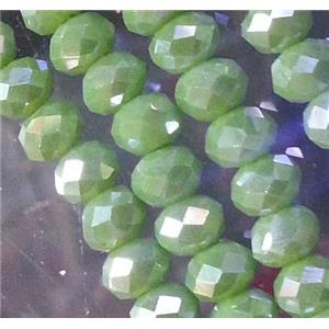 Chinese crystal glass bead, faceted rondelle, green AB color, approx 3x4mm dia, 135pcs per st