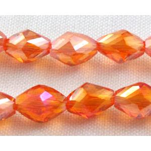 Chinese glass crystal beads, faceted twist, red AB-color, 6x8mm, 50pcs per st
