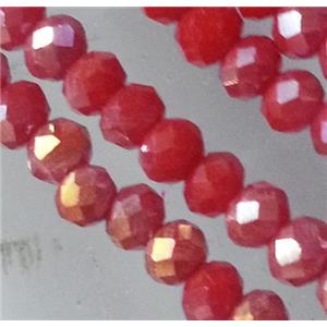 Chinese crystal glass bead, faceted rondelle, red AB color, approx 3x4mm dia, 135pcs per st