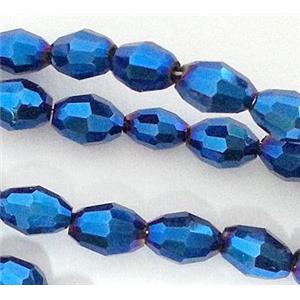 Chinese Crystal Glass Beads, faceted barrel, blue plated, 4x6mm, 72pcs per st