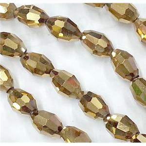 Chinese Crystal Glass Beads, faceted barrel, gold plated, 6x8mm, 72pcs per st