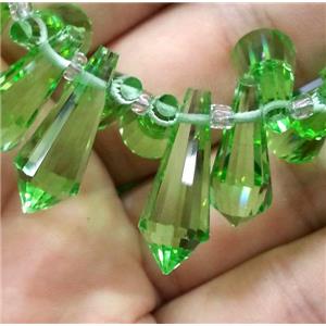 Chinese crystal glass bead, faceted teardrop, green, approx 8x20mm, 100pcs per st