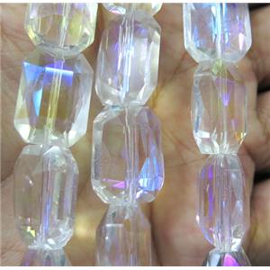 chinese crystal glass bead, faceted rectangle, white AB-color, approx 13x18mm, 18pcs per st