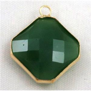 green Chinese crystal glass pendant, faceted square, gold plated, approx 12x12mm