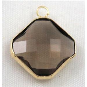 smoky Chinese crystal glass pendant, faceted square, gold plated, approx 16x16mm