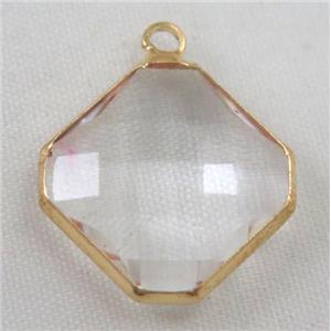 clear Chinese crystal glass pendant, faceted square, gold plated, approx 14x14mm