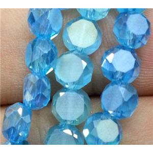 Chinese crystal glass bead, faceted flat round, aqua, approx 4mm dia, 100pcs per st