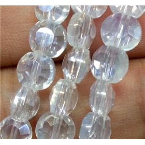 Chinese crystal glass bead, faceted flat round, white AB color, approx 6mm dia, 72pcs per st