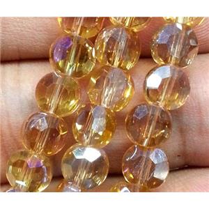 Chinese crystal glass bead, faceted flat round, deep yellow AB color, approx 6mm dia, 72pcs per st