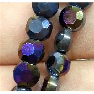 Chinese crystal glass bead, faceted flat round, black AB color, approx 6mm dia, 72pcs per st