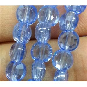 Chinese crystal glass bead, faceted flat round, blue, approx 6mm dia, 72pcs per st