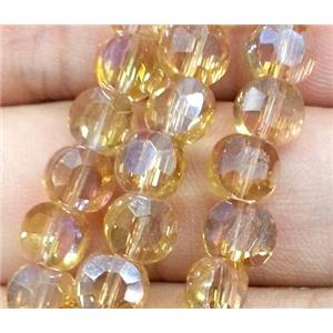Chinese crystal glass bead, faceted flat round, gold champagne AB color, approx 6mm dia, 72pcs per st