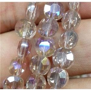 Chinese crystal glass bead, faceted flat round, silver champagne AB color, approx 6mm dia, 72pcs per st