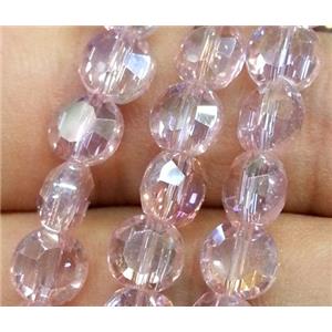 Chinese crystal glass bead, faceted flat round, pink AB color, approx 6mm dia, 72pcs per st