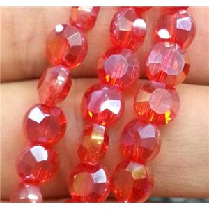 Chinese crystal glass bead, faceted flat round, red AB color, approx 6mm dia, 72pcs per st
